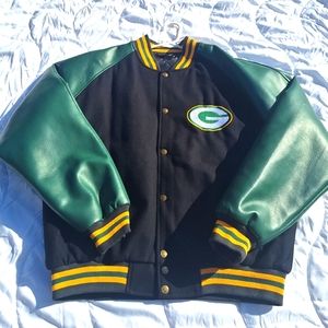 Vintage Green Bay Packers Men's NFL Game Day Wool Leather Snap Bomber Jacket, M